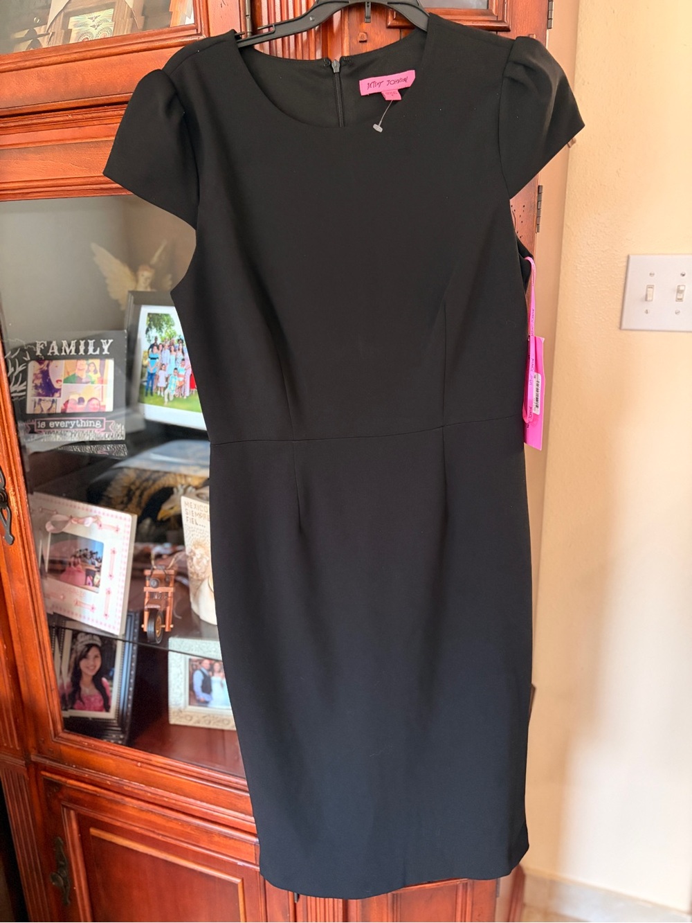 Betsey Johnson Black Midi Sheath Dress with Cap Sleeves